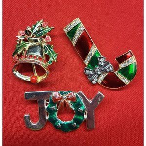 Christmas Pins/ Brooches Set of 3 Christmas Bell, JOY Wreath Candy Cane Pins